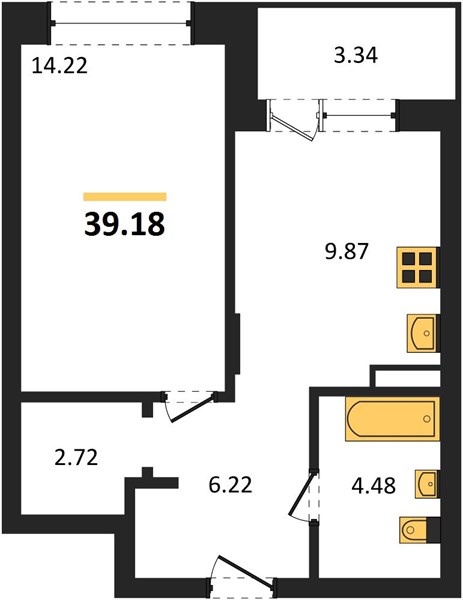 1—комн. квартира, 39.18 кв.м, 9/21 этаж