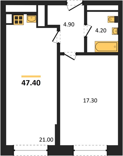 ЖК «Гранд Квартал Бетанкур» · 1-комнатная квартира · 47.4 м² · 2 этаж
