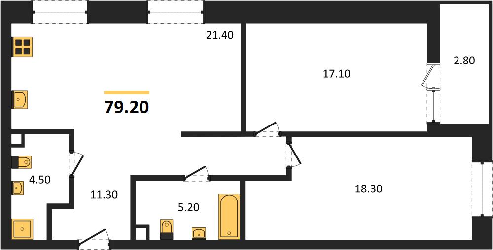 ЖК «Симфония Нижнего» · 2-комнатная квартира · 79.2 м² · 2 этаж
