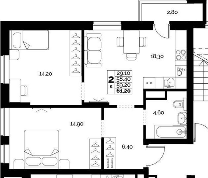 ЖК «Искра» · 2-комнатная квартира · 59.2 м² · 6 этаж