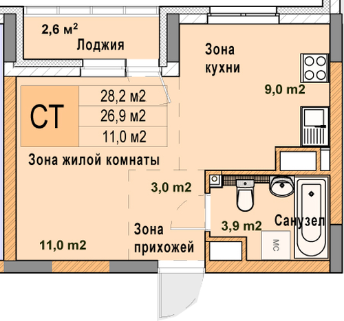 ЖК «Кузнечиха Город» · Студия · 28.2 м² · 12 этаж