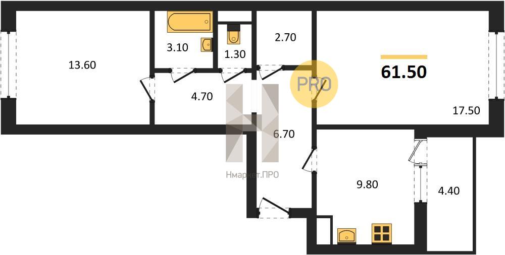 2—комн. квартира, 61.5 кв.м, 13/18 этаж