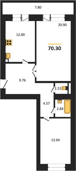 2—комн. квартира, 70.3 кв.м, 10/16 этаж