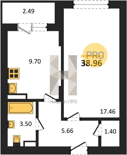 1—комн. квартира, 38.96 кв.м, 20/20 этаж