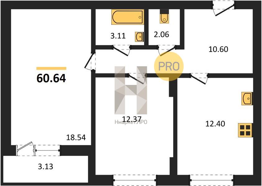 2—комн. квартира, 60.8 кв.м, 1/17 этаж