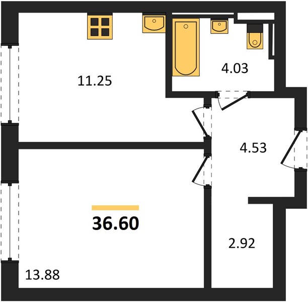 ЖК «Весна в Заречье» · 1-комнатная квартира · 36.6 м² · 16 этаж