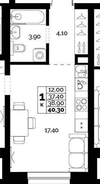 ЖК «Искра» · 1-комнатная квартира · 38.9 м² · 1 этаж