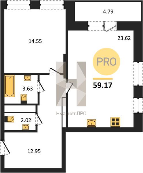 1—комн. квартира, 59.17 кв.м, 21/25 этаж