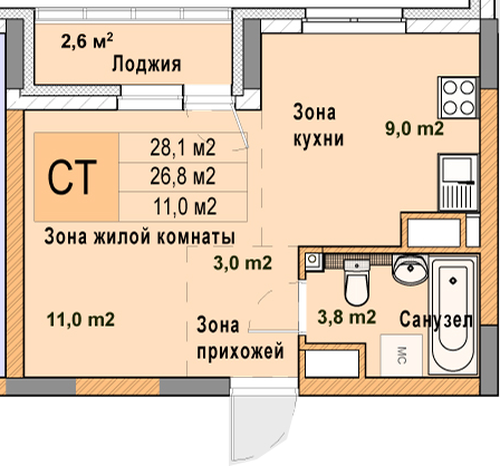 ЖК «Кузнечиха Город» · Студия · 28.1 м² · 14 этаж