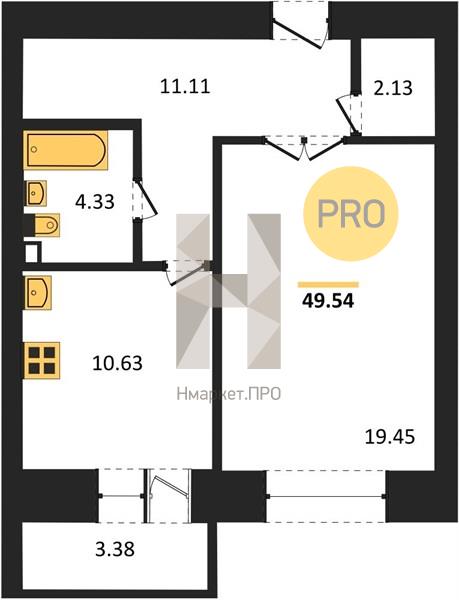 1—комн. квартира, 49.8 кв.м, 1/16 этаж