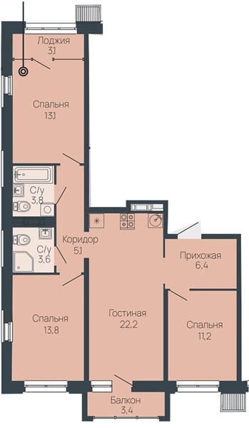 ЖК «Клубный дом Резиденция» · 3-комнатная квартира · 78.7 м² · 12 этаж