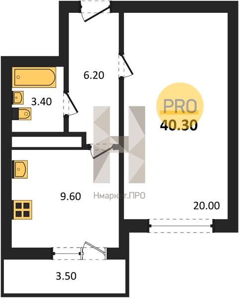 1—комн. квартира, 40.3 кв.м, 8/25 этаж