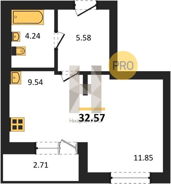 1—комн. квартира, 33.6 кв.м, 1/17 этаж