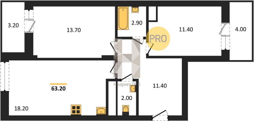 2—комн. квартира, 63.2 кв.м, 10/21 этаж