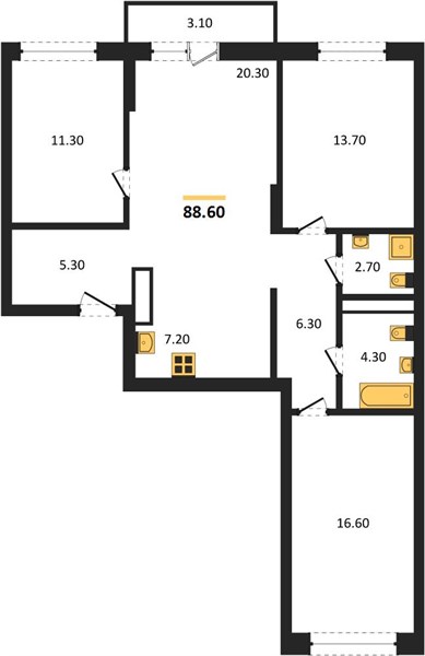 ЖК «Клубный дом Резиденция» · 3-комнатная квартира · 88.6 м² · 6 этаж