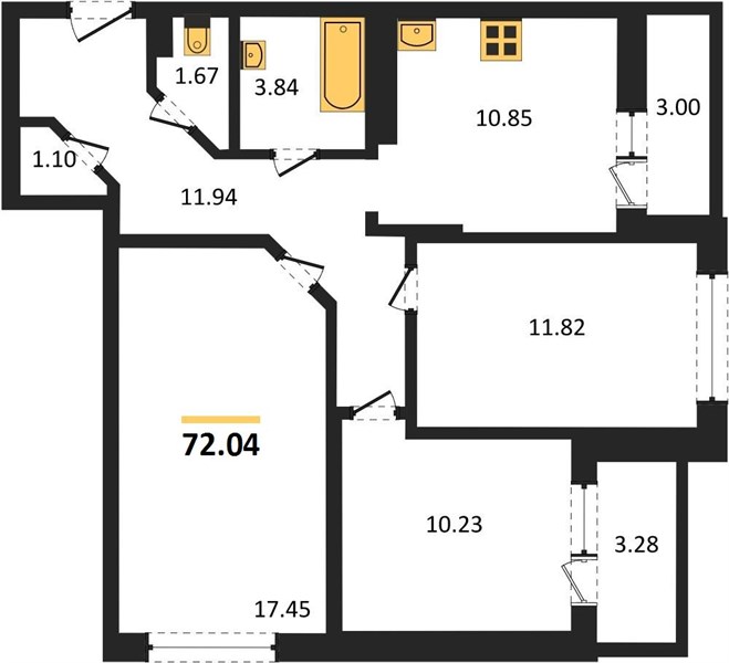 3—комн. квартира, 72.04 кв.м, 15/18 этаж
