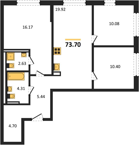 ЖК «Весна в Заречье» · 3-комнатная квартира · 73.7 м² · 12 этаж