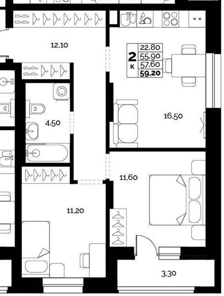 ЖК «Искра» · 2-комнатная квартира · 57.6 м² · 1 этаж