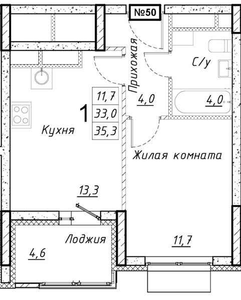 ЖК «Имбирь» · 1-комнатная квартира · 35.3 м² · 8 этаж