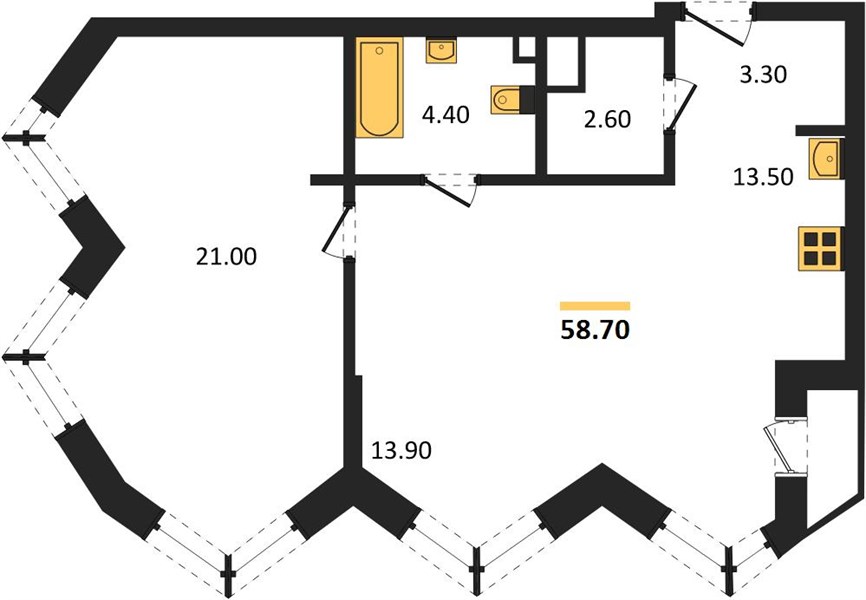 ЖК «Фордевинд» · 2-комнатная квартира · 58.7 м² · 15 этаж
