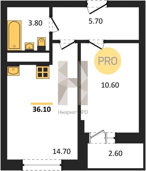 1—комн. квартира, 36.1 кв.м, 13/21 этаж