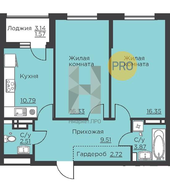 2—комн. квартира, 63.65 кв.м, 17/18 этаж