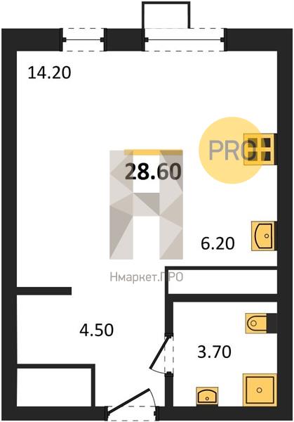 Квартира, 28.6 кв.м, 12/13 этаж