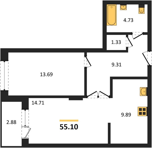 1—комн. квартира, 55.1 кв.м, 3/19 этаж