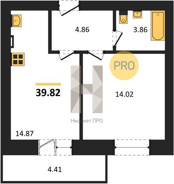 1—комн. квартира, 39.82 кв.м, 1/4 этаж