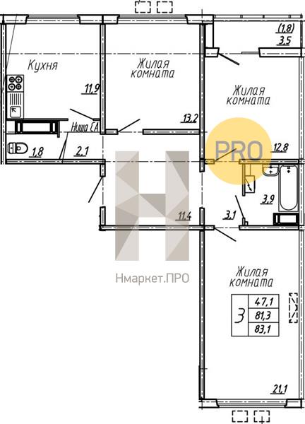 3—комн. квартира, 83.1 кв.м, 3/19 этаж
