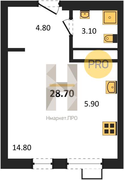 Квартира, 28.7 кв.м, 2/11 этаж