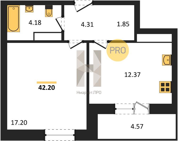 1—комн. квартира, 42.2 кв.м, 15/25 этаж