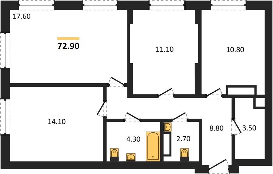 ЖК «Дом на Энгельса» · 3-комнатная квартира · 72.9 м² · 1 этаж