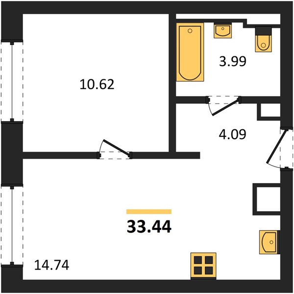 ЖК «Статус на Гребном канале» · 1-комнатная квартира · 33.44 м² · 8 этаж