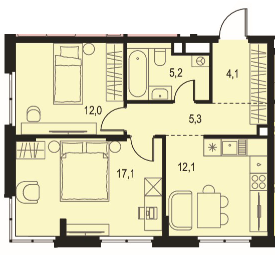 ЖК «Левел Волга» · 2-комнатная квартира · 55.8 м² · 7 этаж