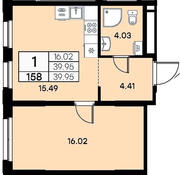 ЖК «Левобережный» · 1-комнатная квартира · 39.95 м² · 17 этаж
