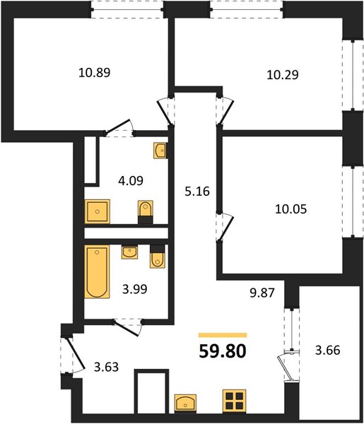 ЖК «Левобережный» · 3-комнатная квартира · 59.8 м² · 26 этаж