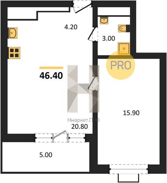 1—комн. квартира, 46.4 кв.м, 13/15 этаж