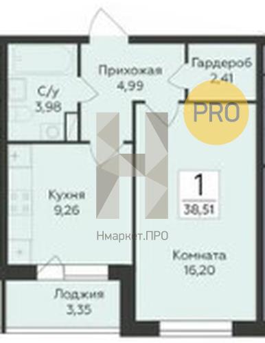 1—комн. квартира, 38.51 кв.м, 2/18 этаж