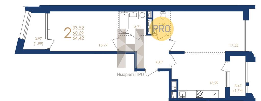 2—комн. квартира, 64.42 кв.м, 3/17 этаж