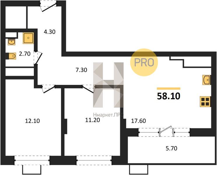 2—комн. квартира, 58.1 кв.м, 7/15 этаж
