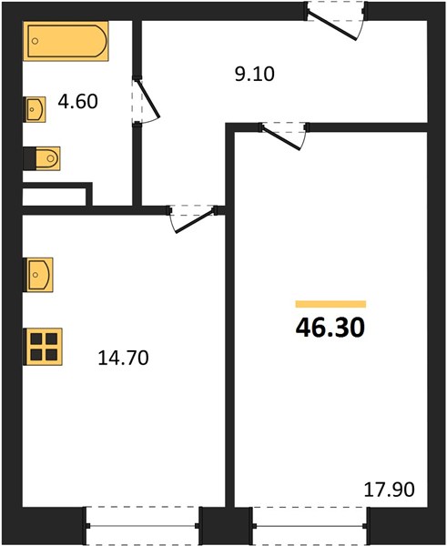 ЖК «Симфония Нижнего» · 1-комнатная квартира · 46.3 м² · 2 этаж