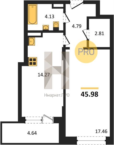 1—комн. квартира, 45.98 кв.м, 5/24 этаж