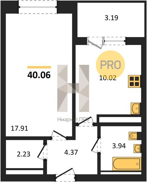 1—комн. квартира, 39.91 кв.м, 16/31 этаж