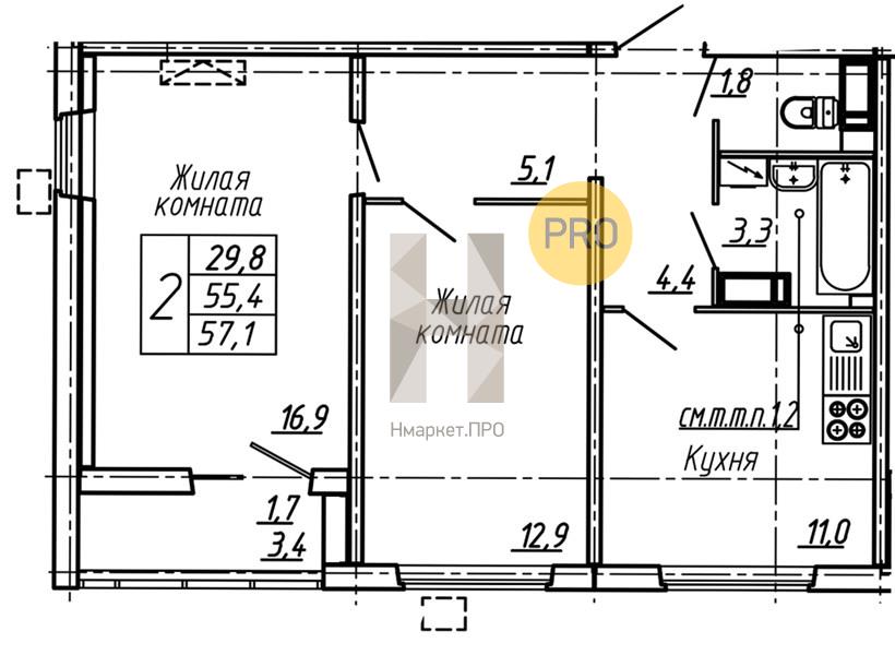 2—комн. квартира, 57.1 кв.м, 18/19 этаж