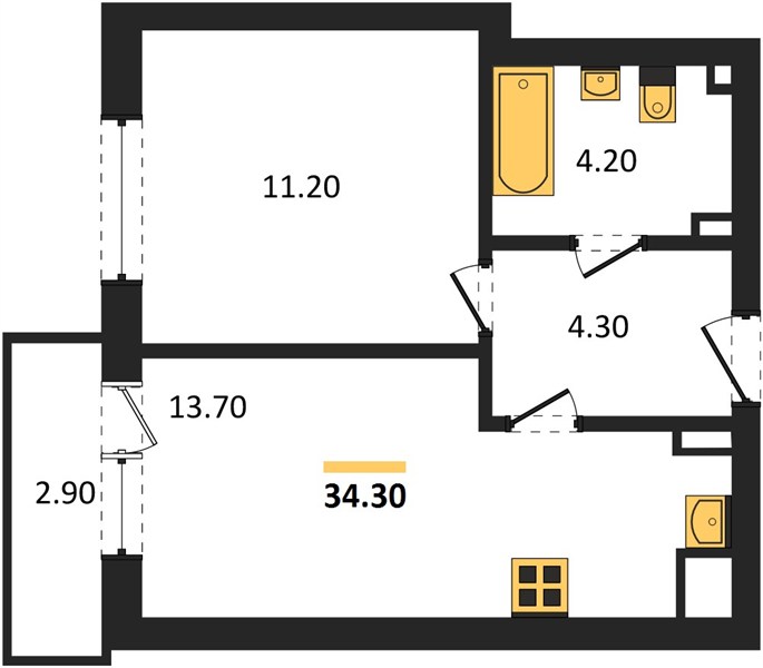ЖК «Смородина» · 1-комнатная квартира · 34.3 м² · 2 этаж