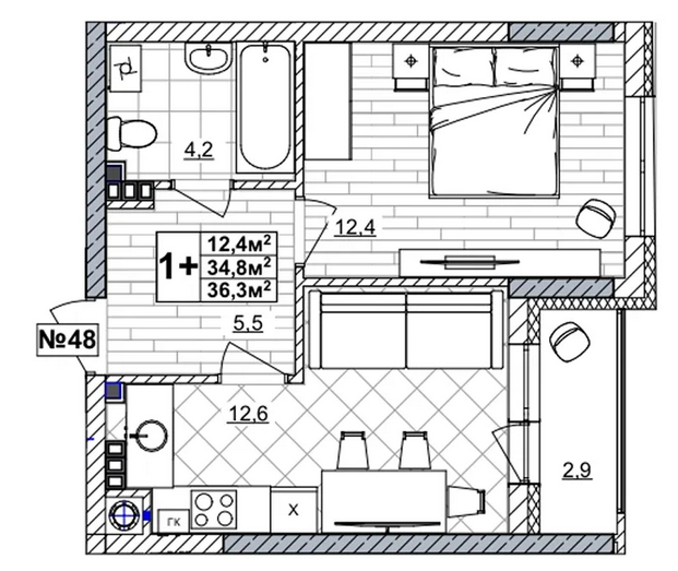 ЖК «Смородина» · 1-комнатная квартира · 36.3 м² · 3 этаж