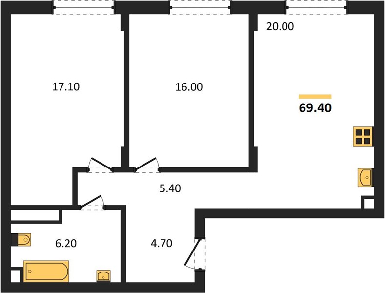 ЖК «Левел Волга» · 2-комнатная квартира · 69.4 м² · 8 этаж