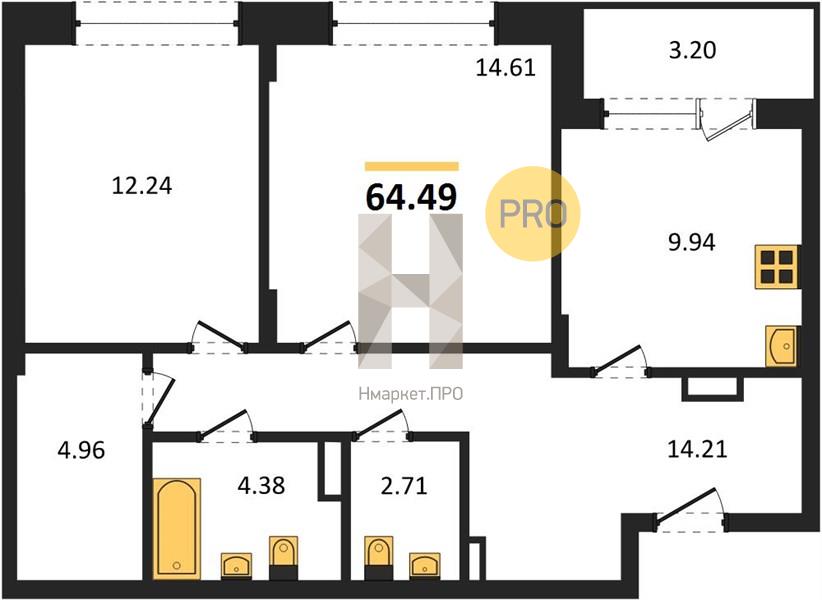 2—комн. квартира, 64.49 кв.м, 3/16 этаж