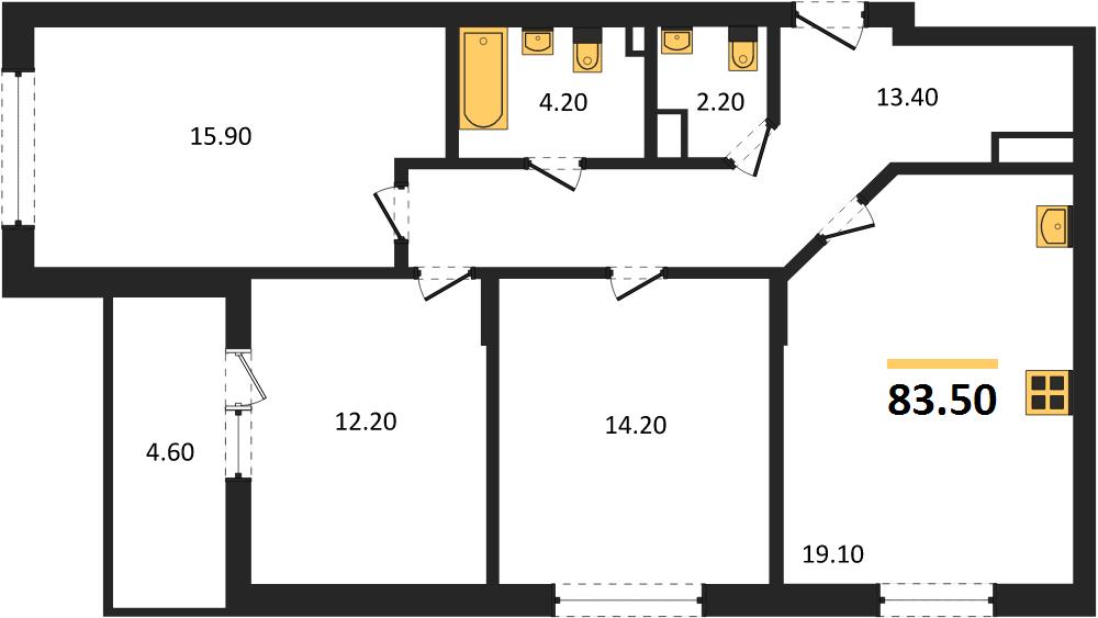 ЖК «Мои цветы» · 3-комнатная квартира · 83.5 м² · 2 этаж